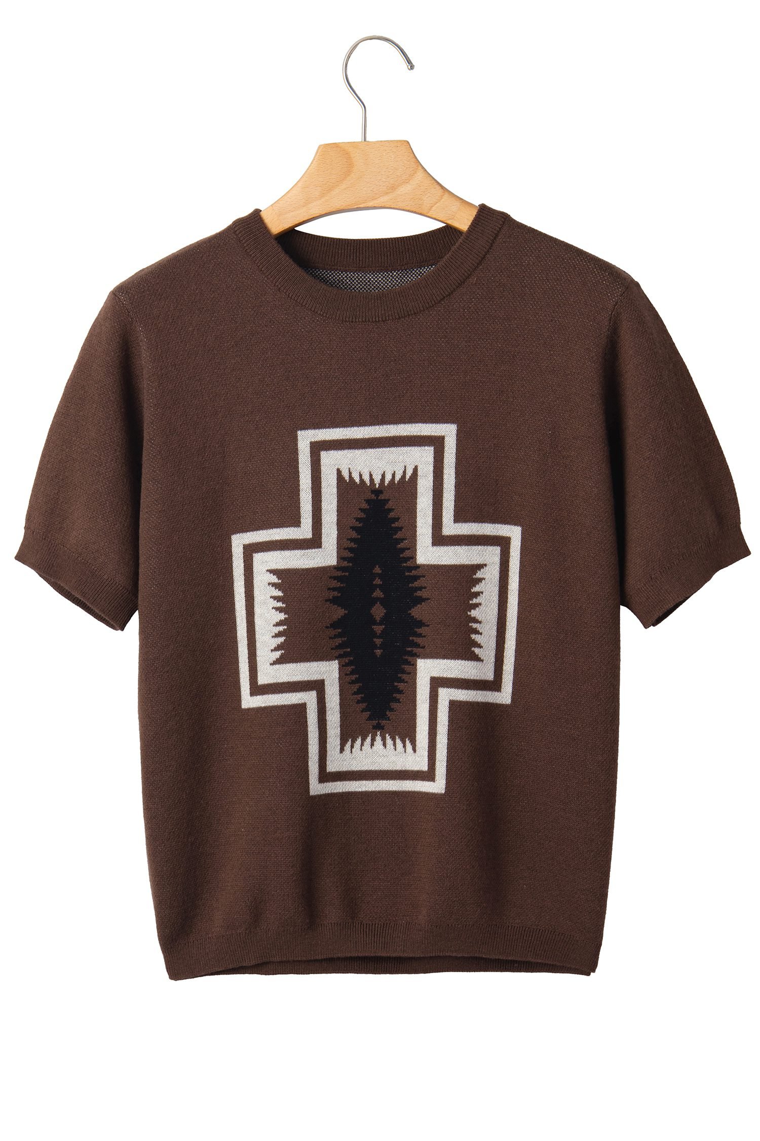 Brown Western Print Short Sleeve Knit Casual Sweater - Image 22