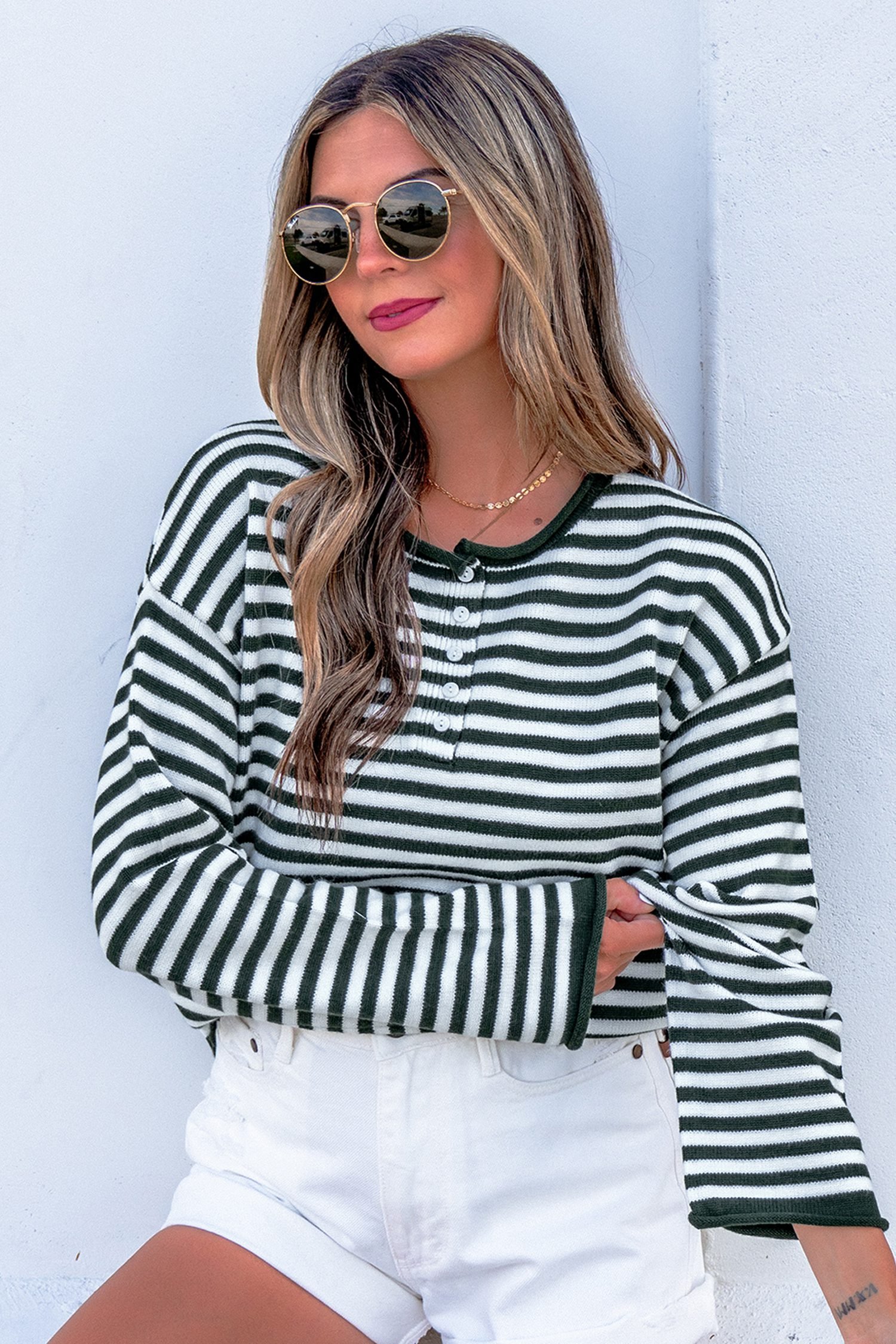 Green Stripe Striped Button Placket Drop Shoulder Long Sleeve Sweater - Image 4
