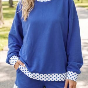Dark Blue Polka Dot Trim Baggy Pullover 2pcs Short Set