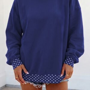 Dark Blue Colorblock Polka Dot Contrast Trim Oversized Sweatshirt