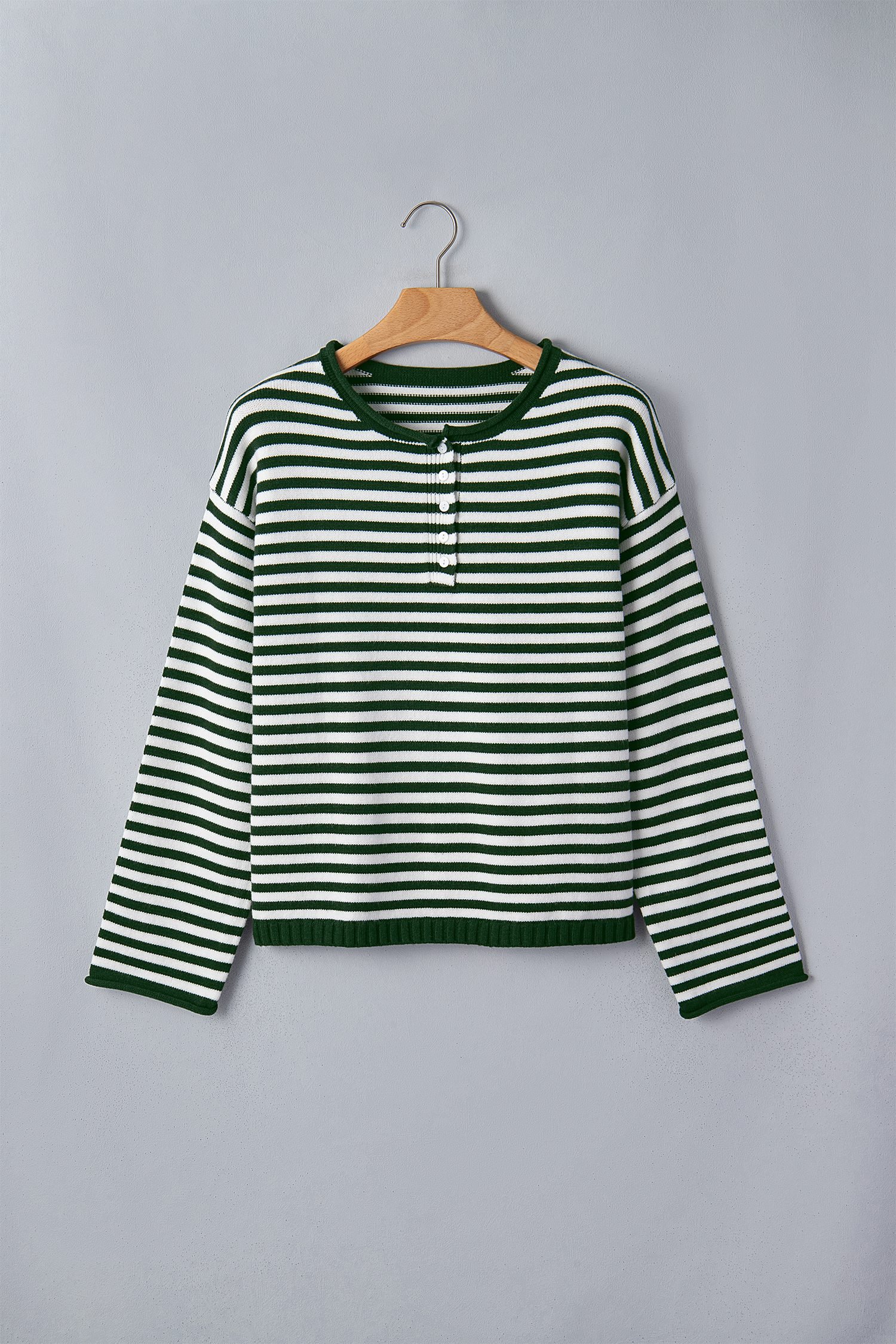 Green Stripe Striped Button Placket Drop Shoulder Long Sleeve Sweater - Image 12