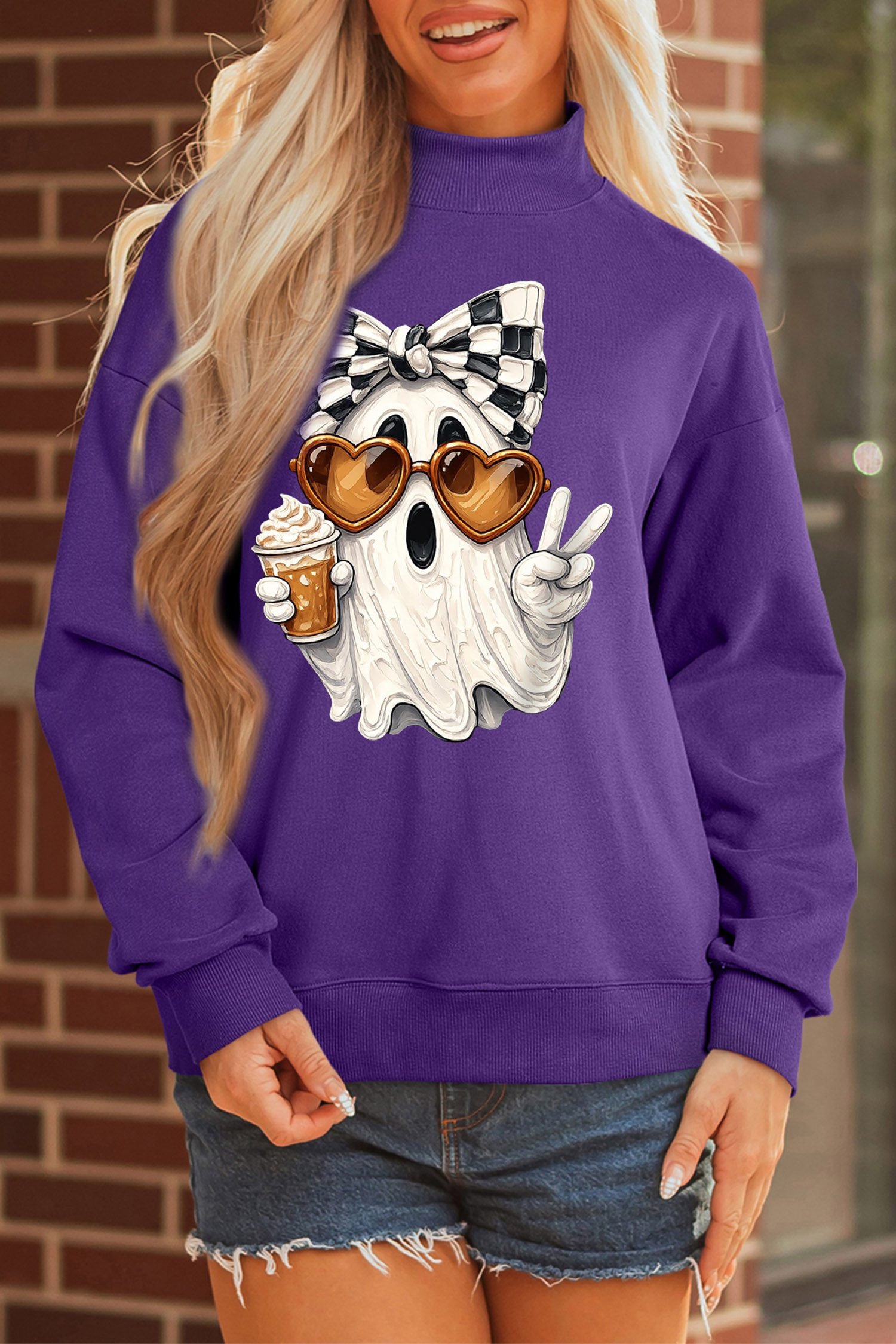 Tillandsia Purple Cute Ghost Print Pullover Mock Neck Sweatshirt - Image 5