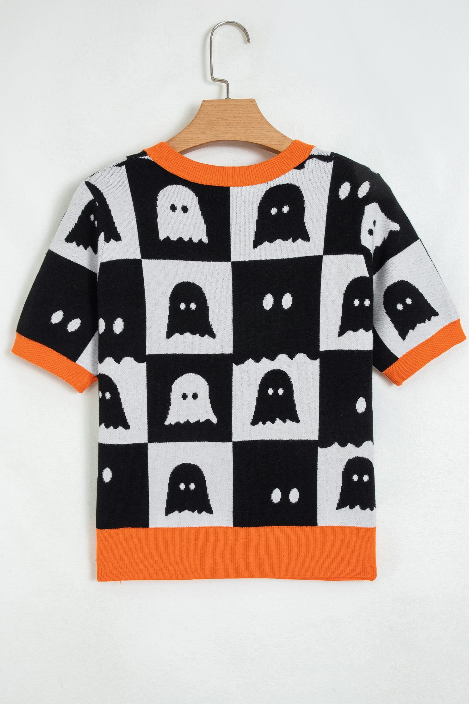 White Geometric Ghost Color Block Trim Short Sleeve Knit Sweater - Image 5