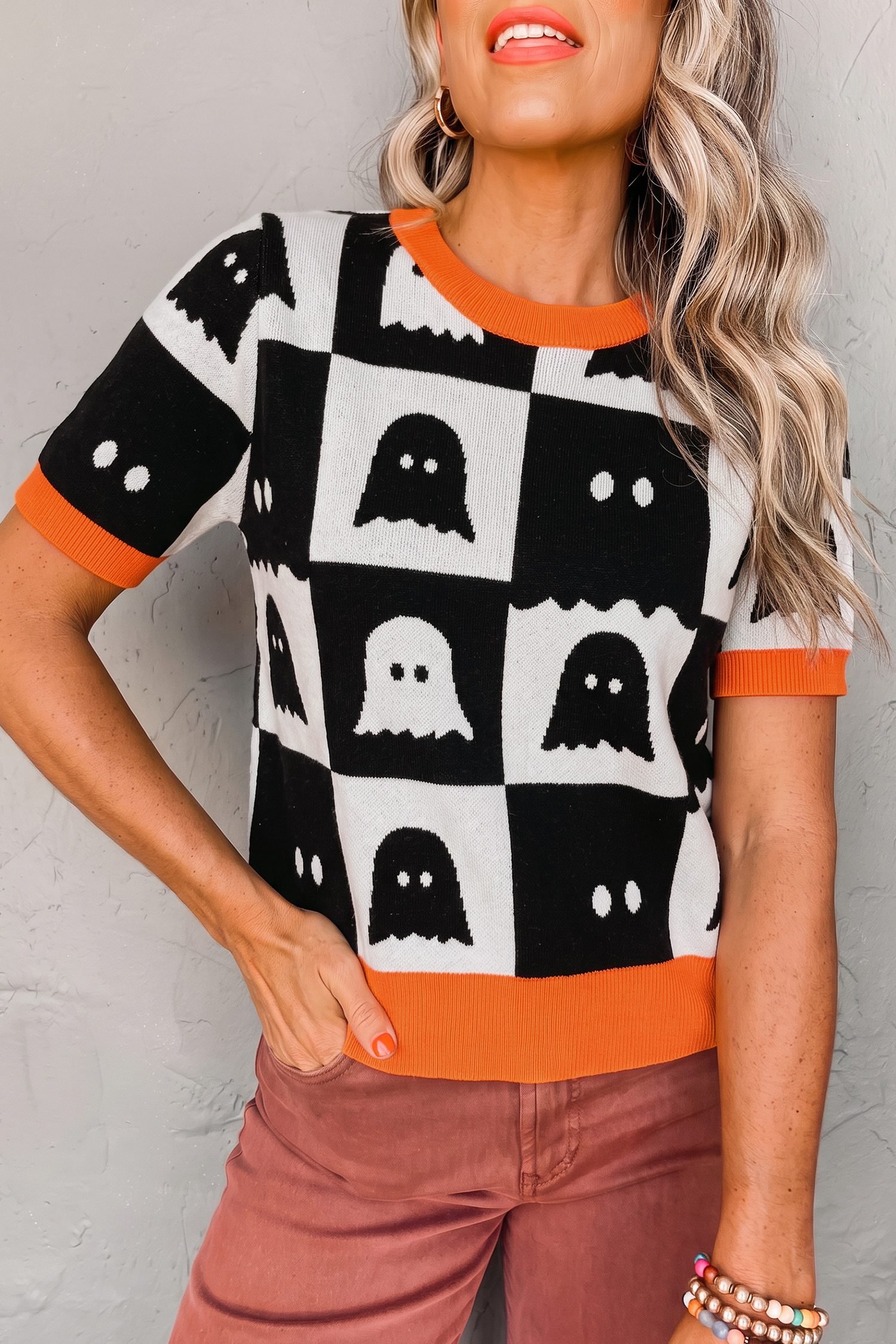 White Geometric Ghost Color Block Trim Short Sleeve Knit Sweater - Image 3