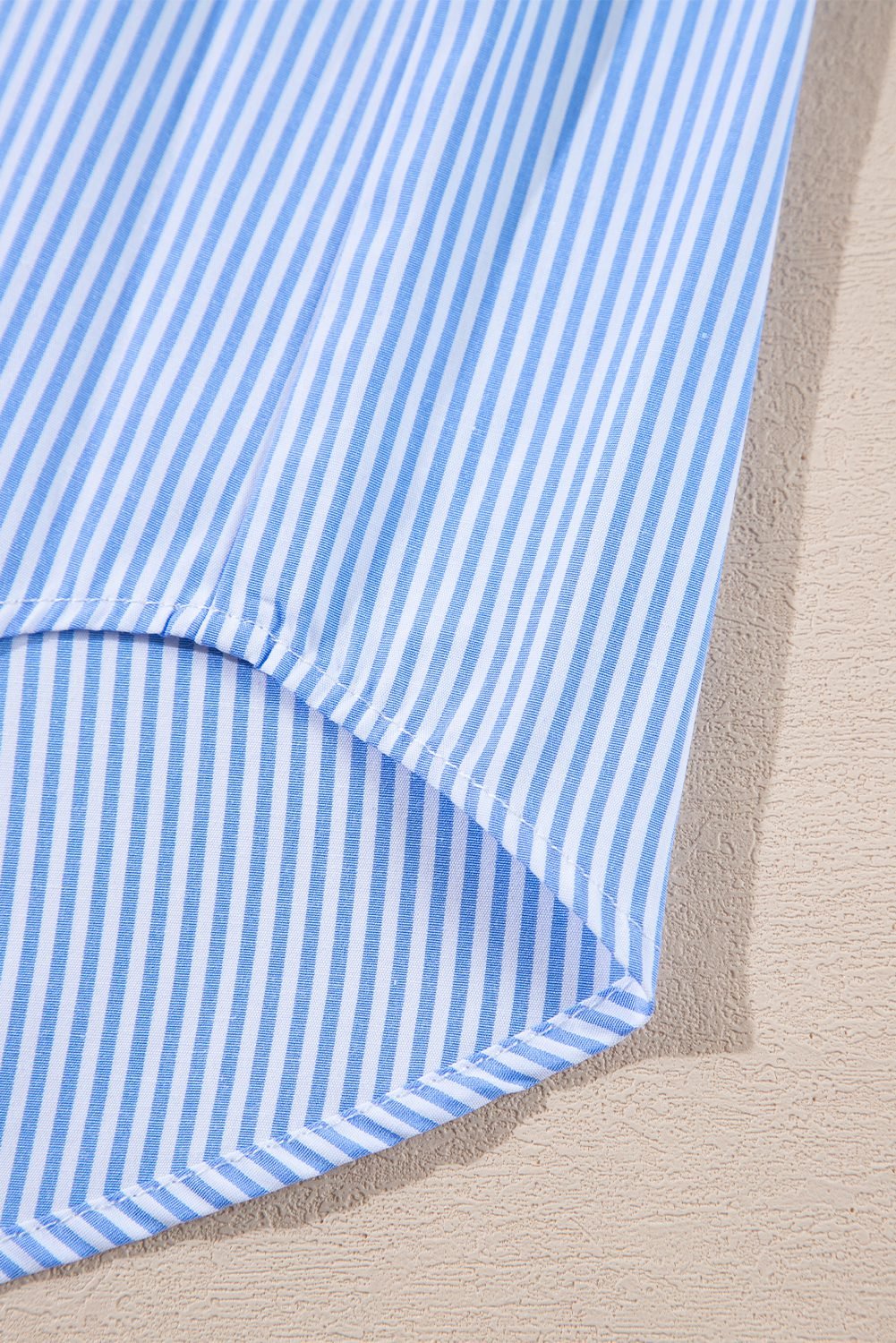 Sky Blue Stripe Pinstripe Long Sleeve Smocked Cuffs Button Shirt Collar Blouse - Image 11