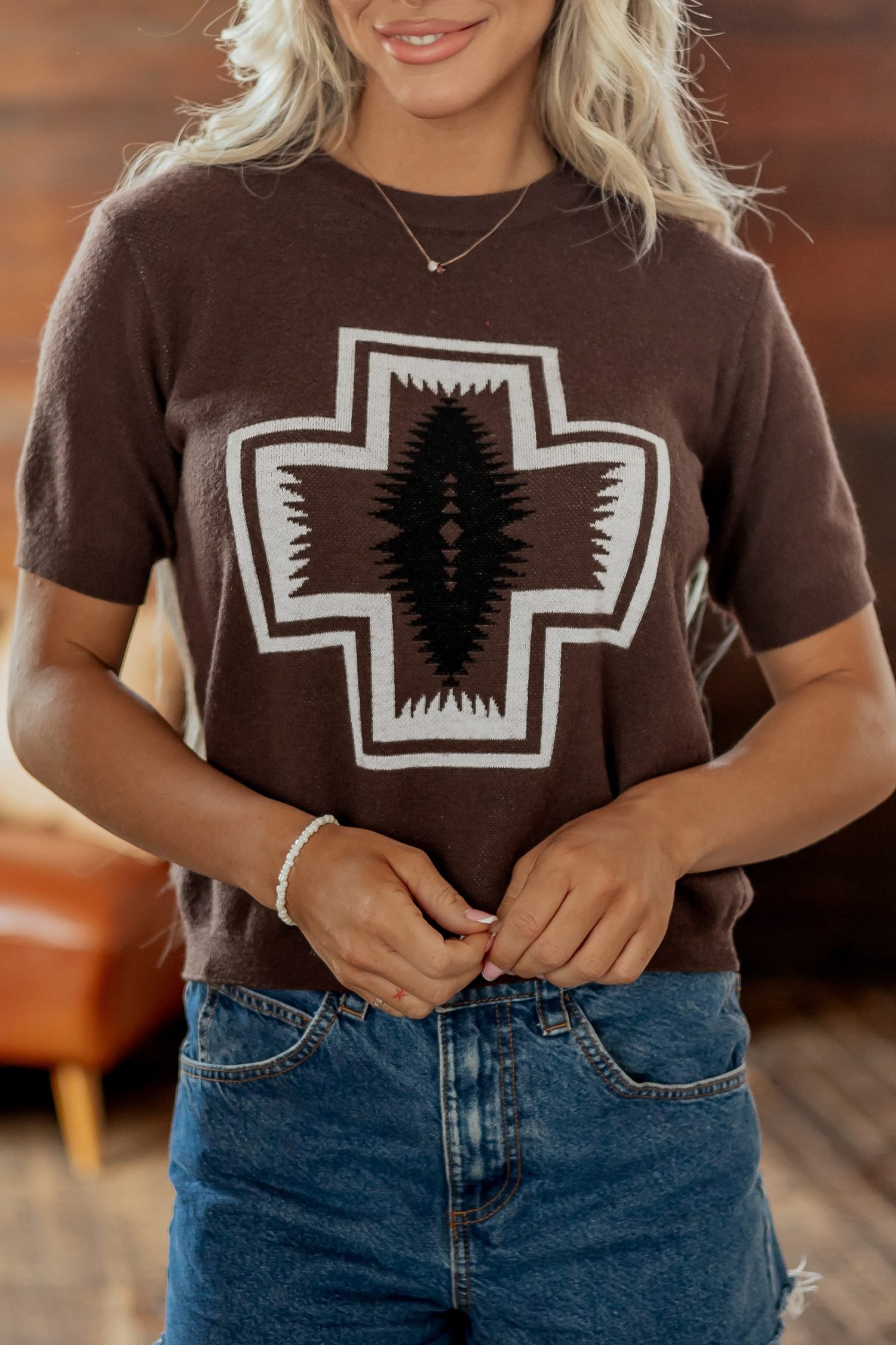 Brown Western Print Short Sleeve Knit Casual Sweater - Image 8