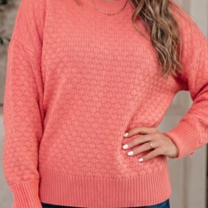 Coral Paradise Drop Shoulder Ribbed Knit Long Sleeve Sweater