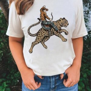 White Riding A Cheetah Cowboy Graphic Round Neck Casual Tee