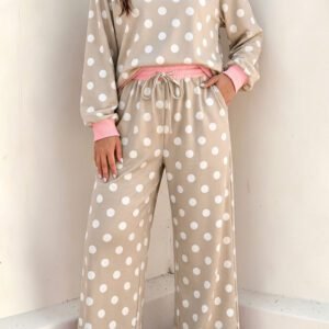 Khaki Polka Dot Contrast Trim Long Sleeve Top Drawstring Shift Pants Set