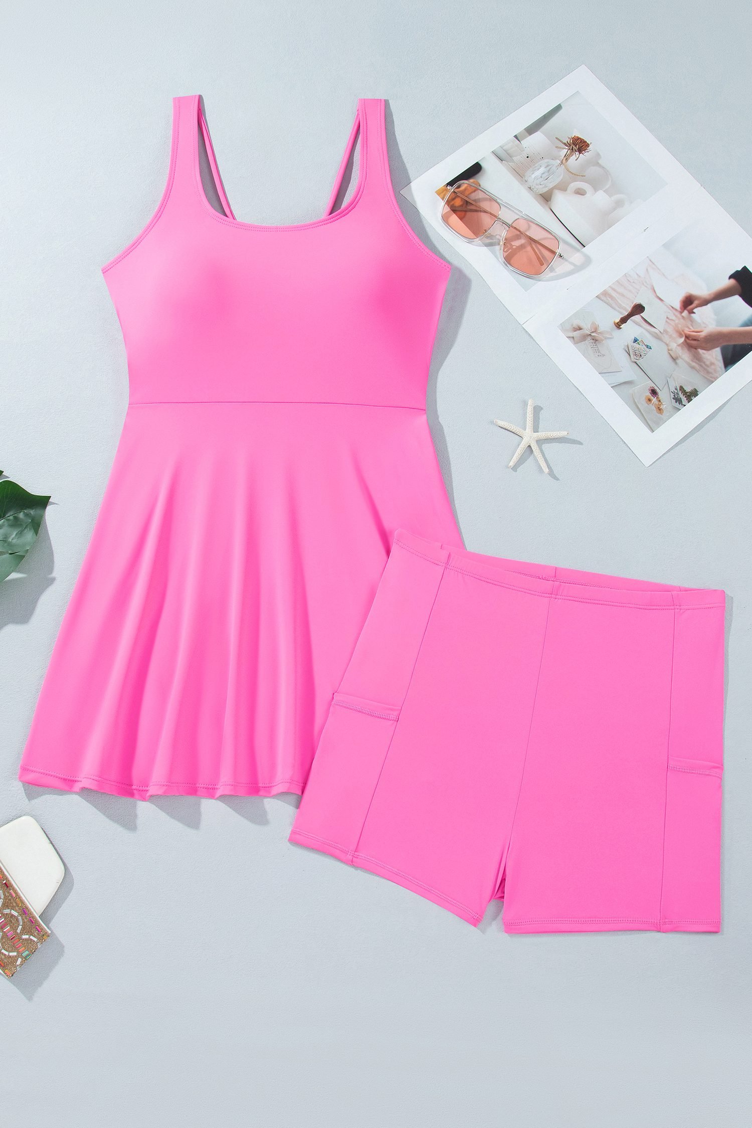 Bright Pink Twisted Strappy Back Active Mini Dress with Shorts - Image 9