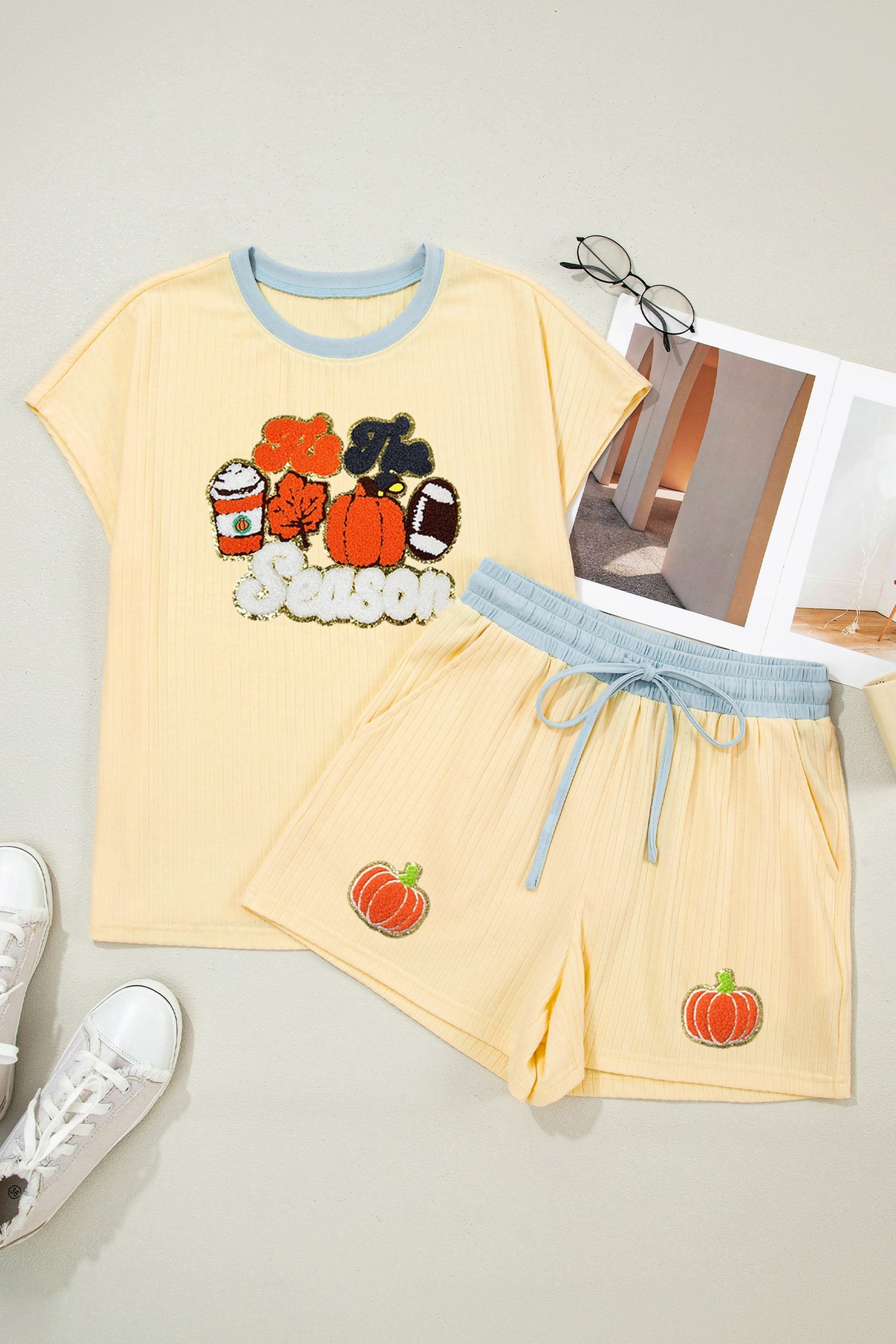 Yellow Cream Ribbed Color Block Trim Chenille Pumpkin Patchwork Graphic Short 3pcs Set - Image 5