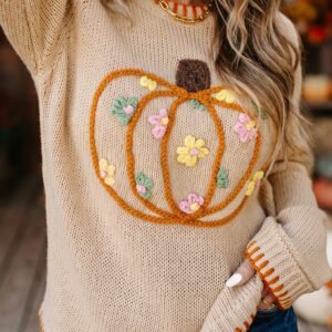 Parchment Floral Embroidery Pumpkin Long Sleeve Round Neck Sweater