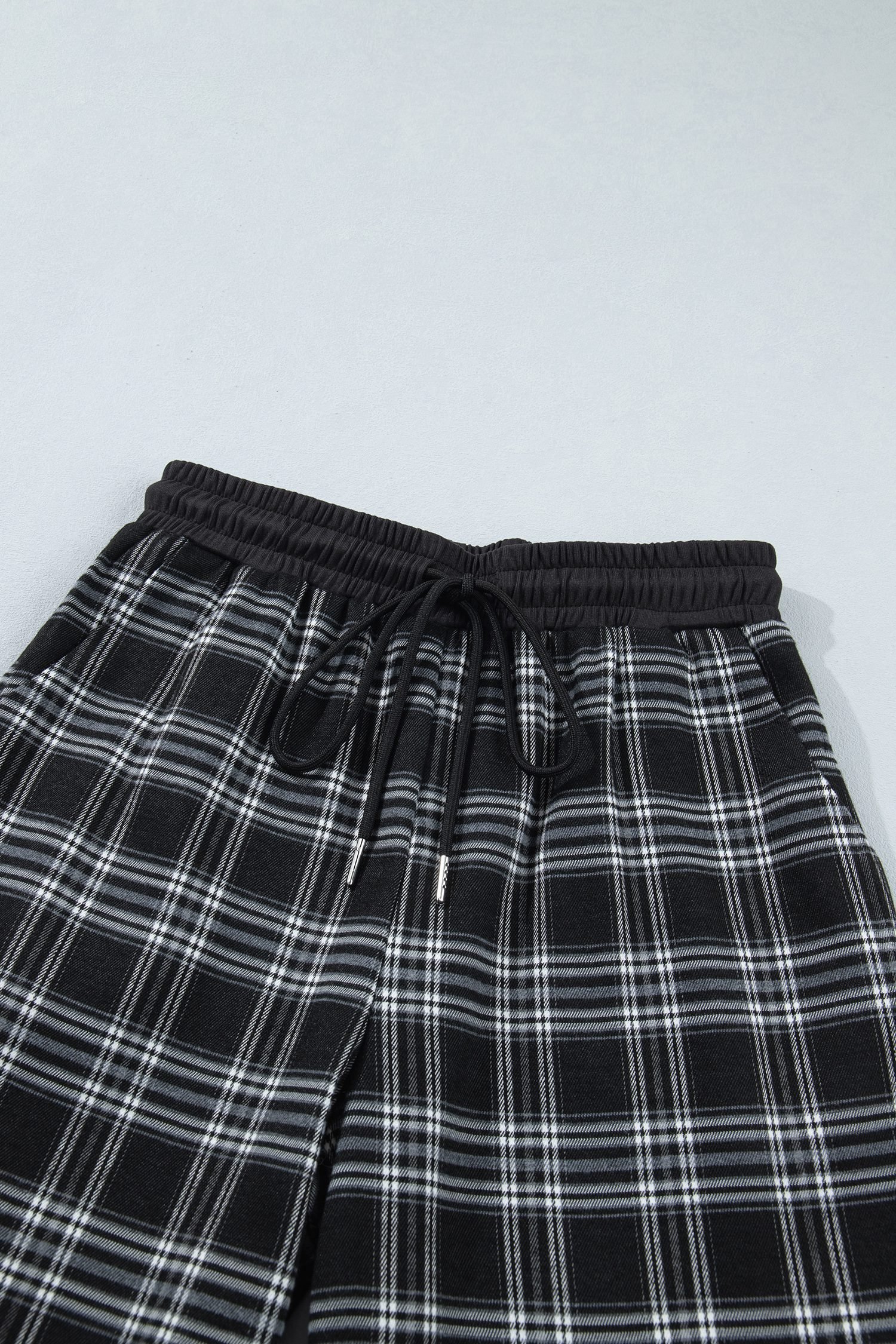 Black Frenchy Plaid Pattern Contrast Drawstring Waist Wide Leg Pants - Image 8