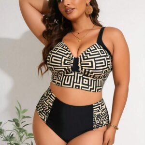 2026 New Women's Plus Size Bikini Set: Black & Gold Geometric Print Crop Top + High-Waisted Bottom With Side Panels