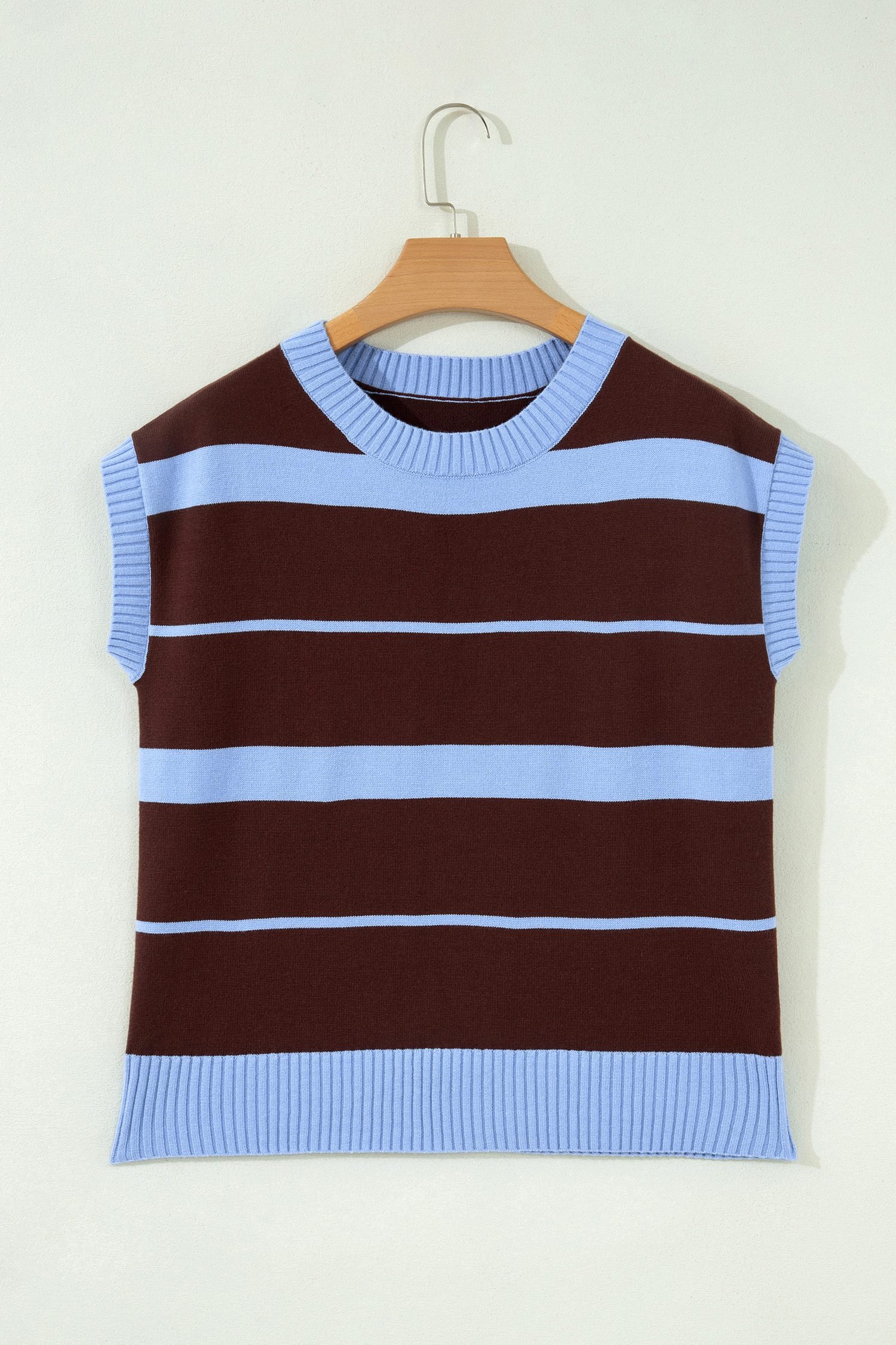Sky Blue Stripe Striped Short Sleeve Round Neck Casual Knit Top - Image 6