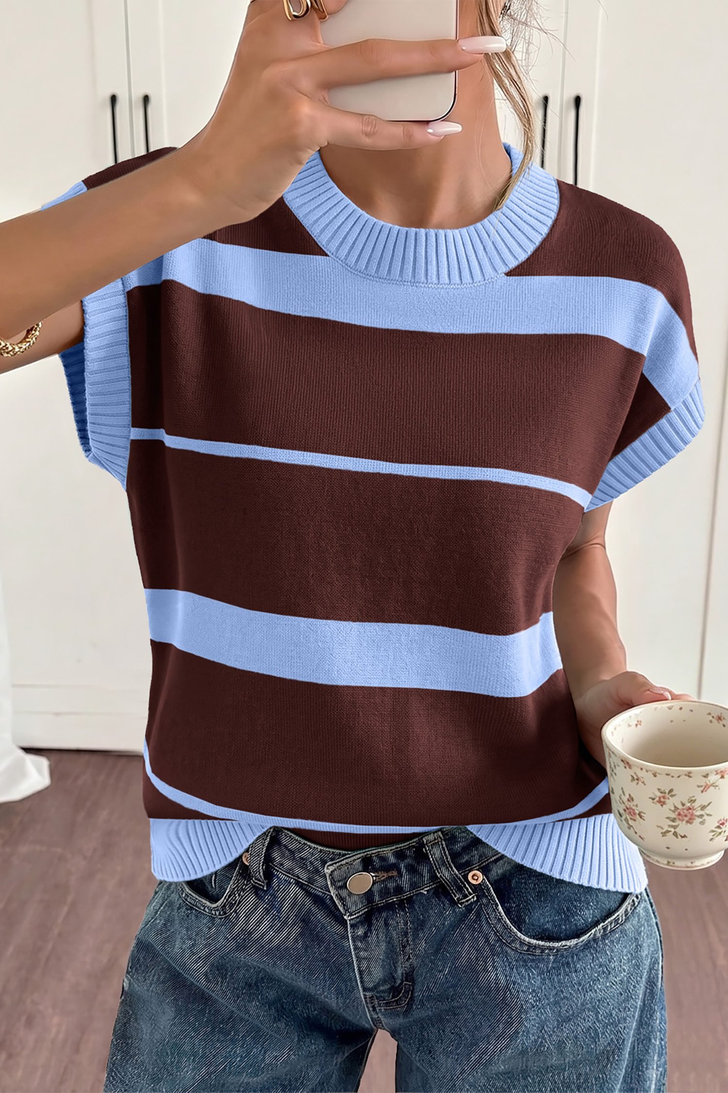 Sky Blue Stripe Striped Short Sleeve Round Neck Casual Knit Top - Image 3