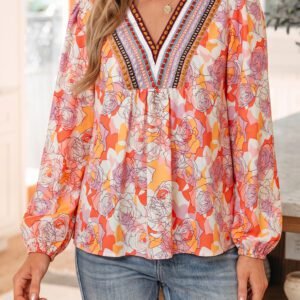 Pink Floral Print V Neck Long Sleeve Shift Blouse