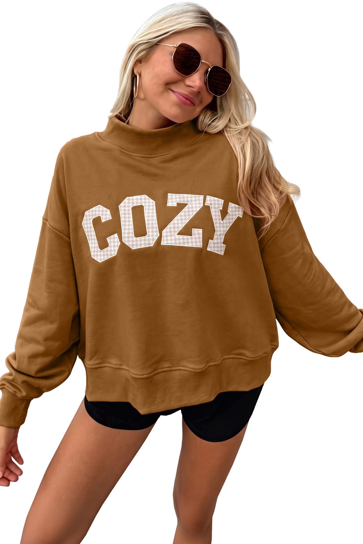 Chestnu COZY Embroidered Long Sleeve Stand Neck Shift Pullover Sweatshirt - Image 7