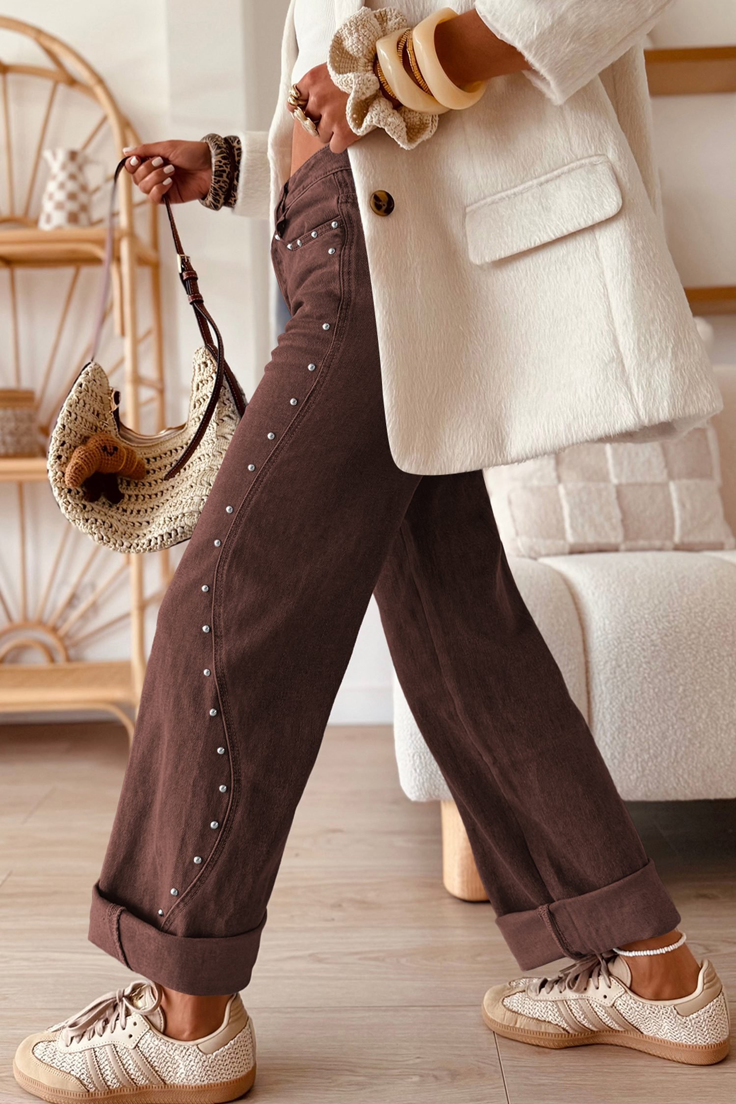 Coffee Side Seam Rivet Detail Ankle Length Casual Jeans - Image 3