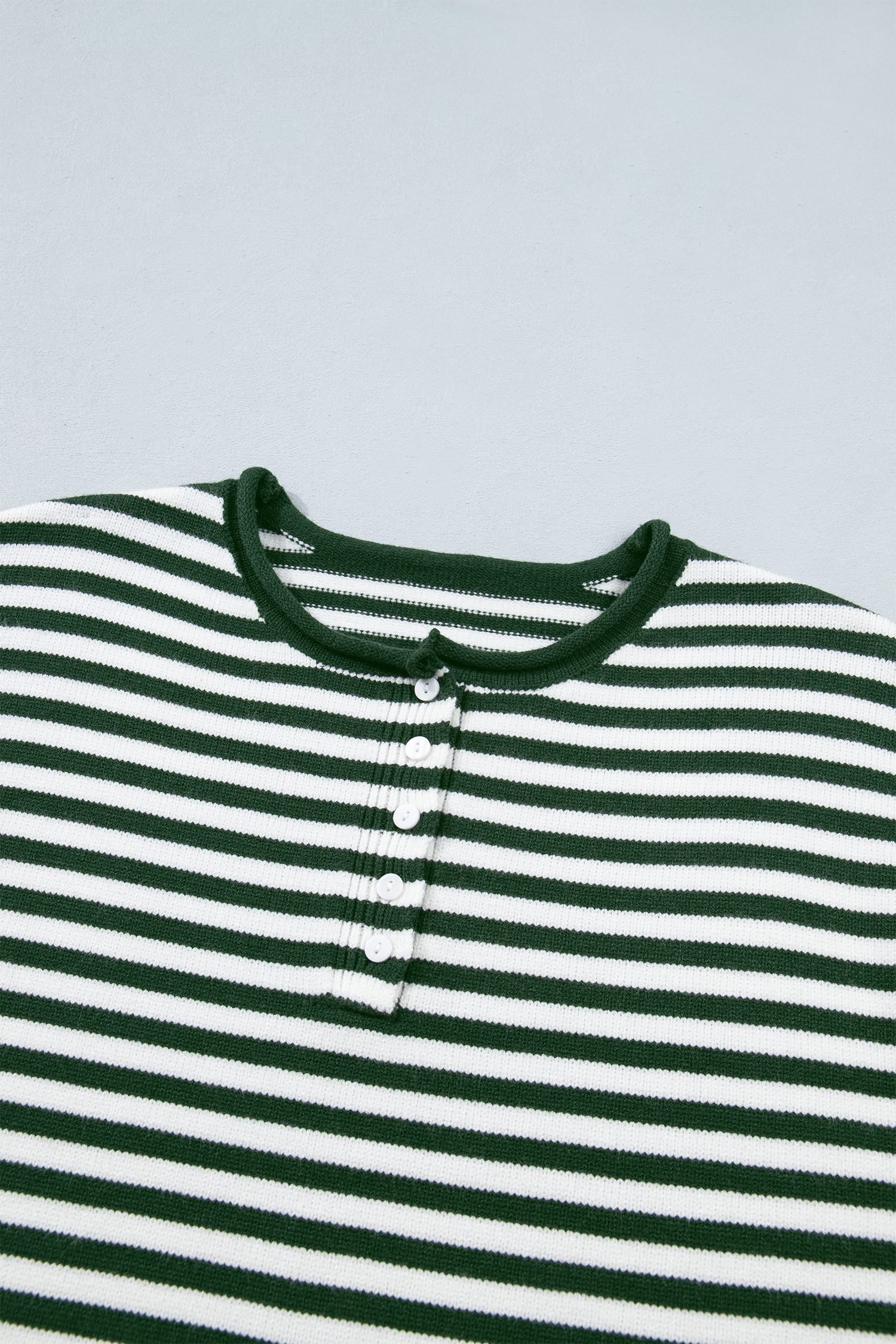 Green Stripe Striped Button Placket Drop Shoulder Long Sleeve Sweater - Image 14