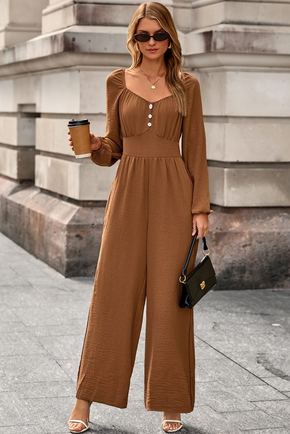 Chestnut Solid Color Long Sleeve Shirred Button Detail Straight Leg Jumpsuit - Image 3