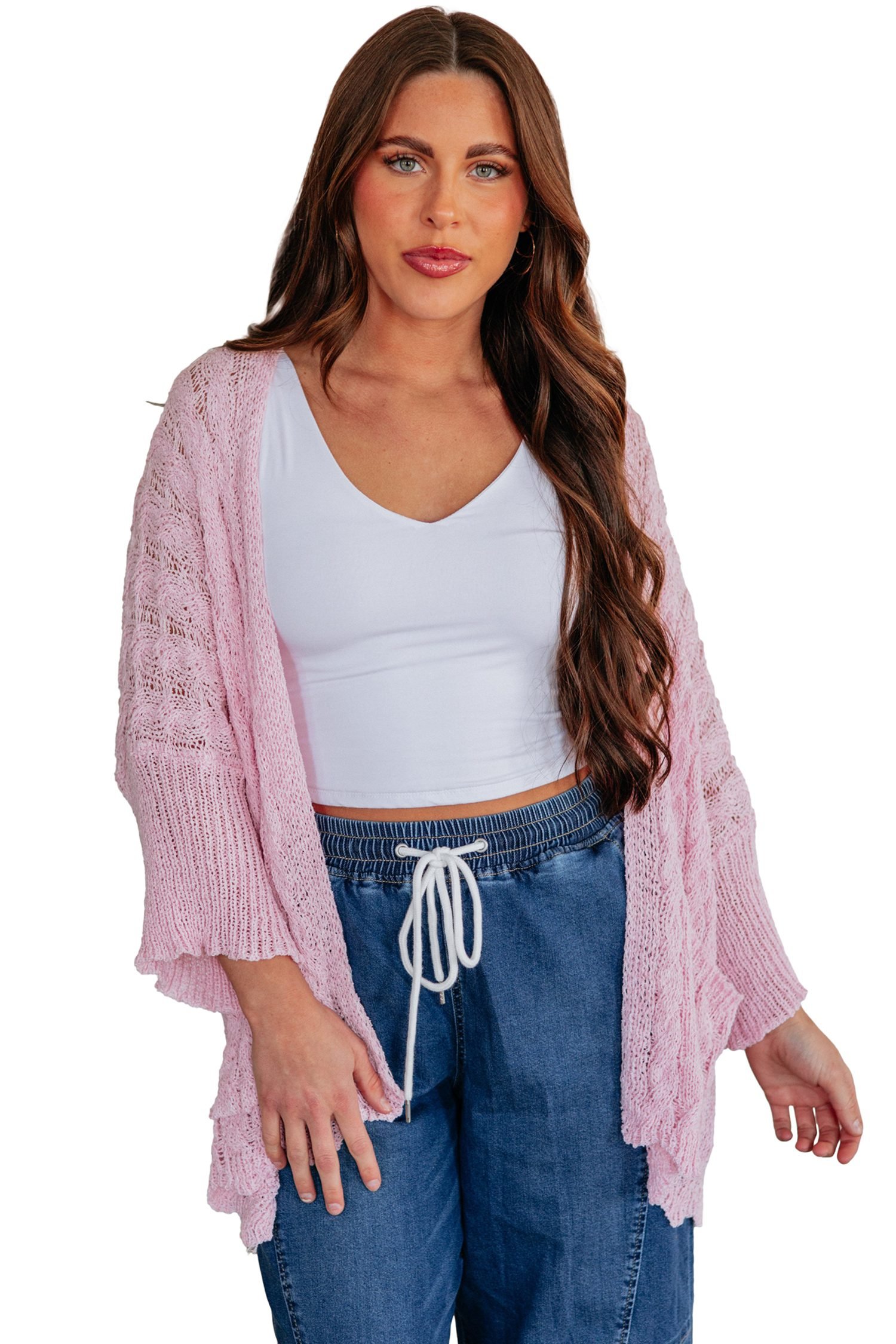 Pink Drop Shoulder Crochet Knit Open Front Cardigan - Image 9