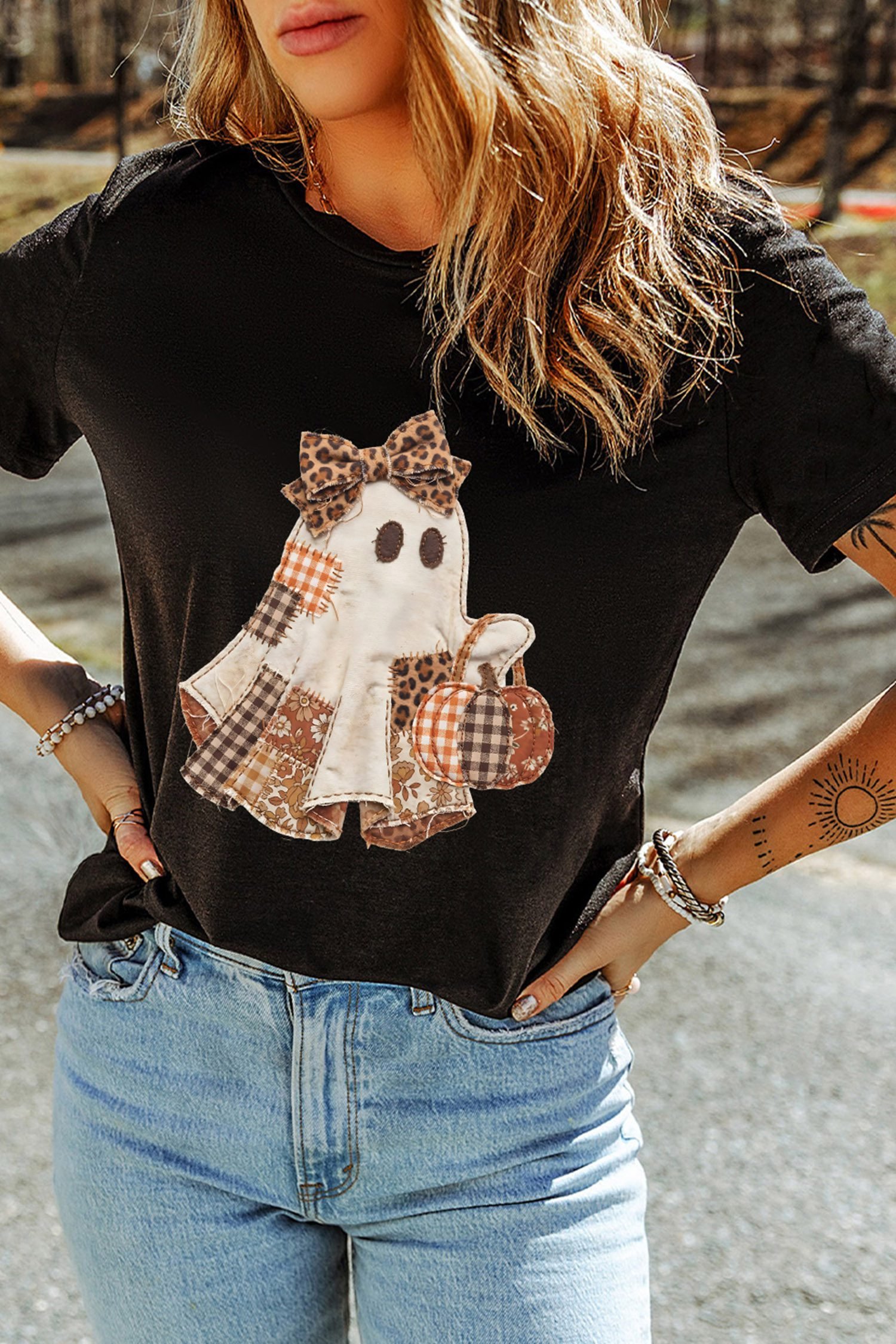 Black Halloween Ghost Applique Graphic T-Shirt - Image 7