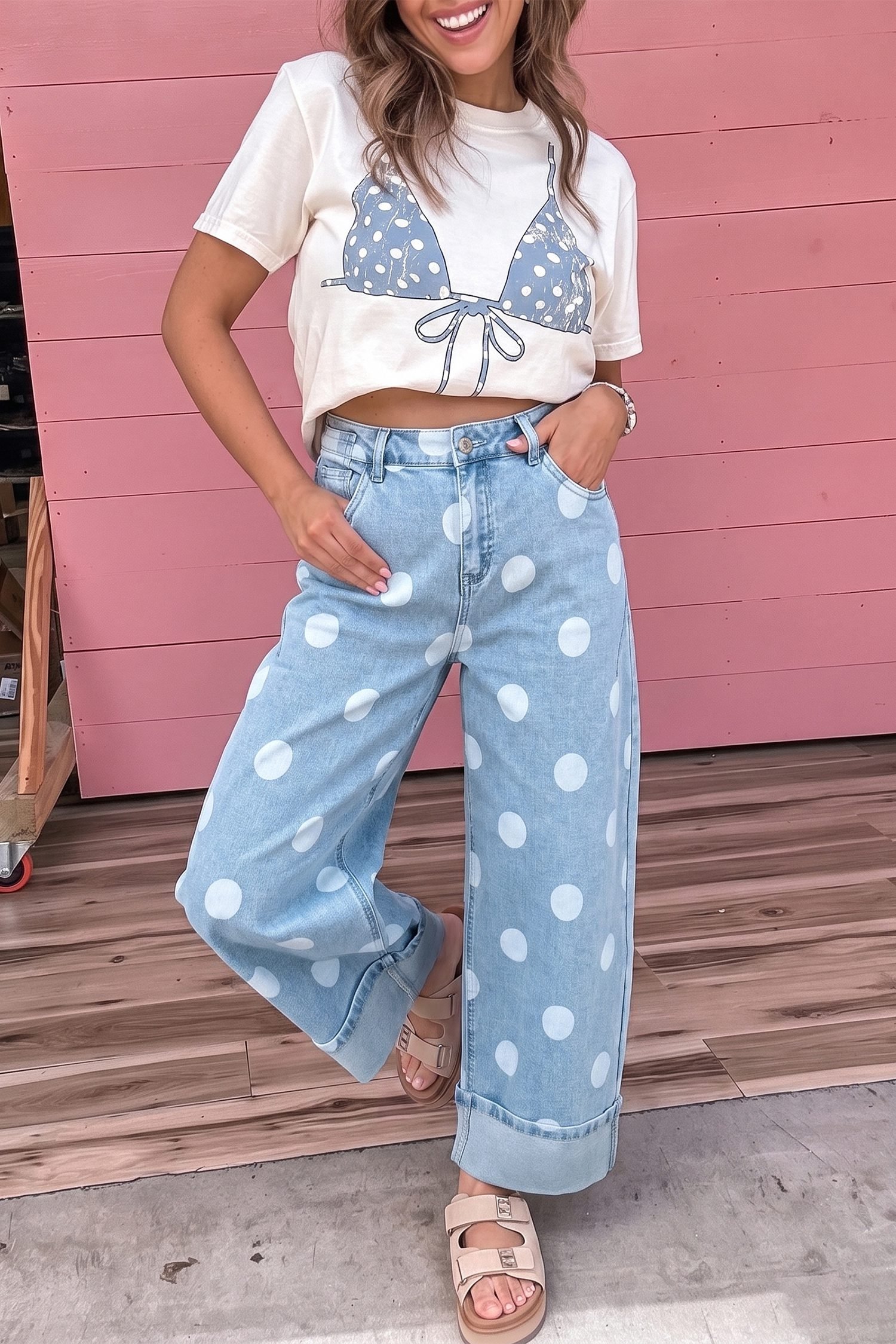 Sky Blue Polka Dot Ankle-Length Metal Button Casual Jeans - Image 5