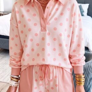Pink Polka Dot Drop Shoulder Polo Loose Pullover Patch Pocket Casual Shorts Set