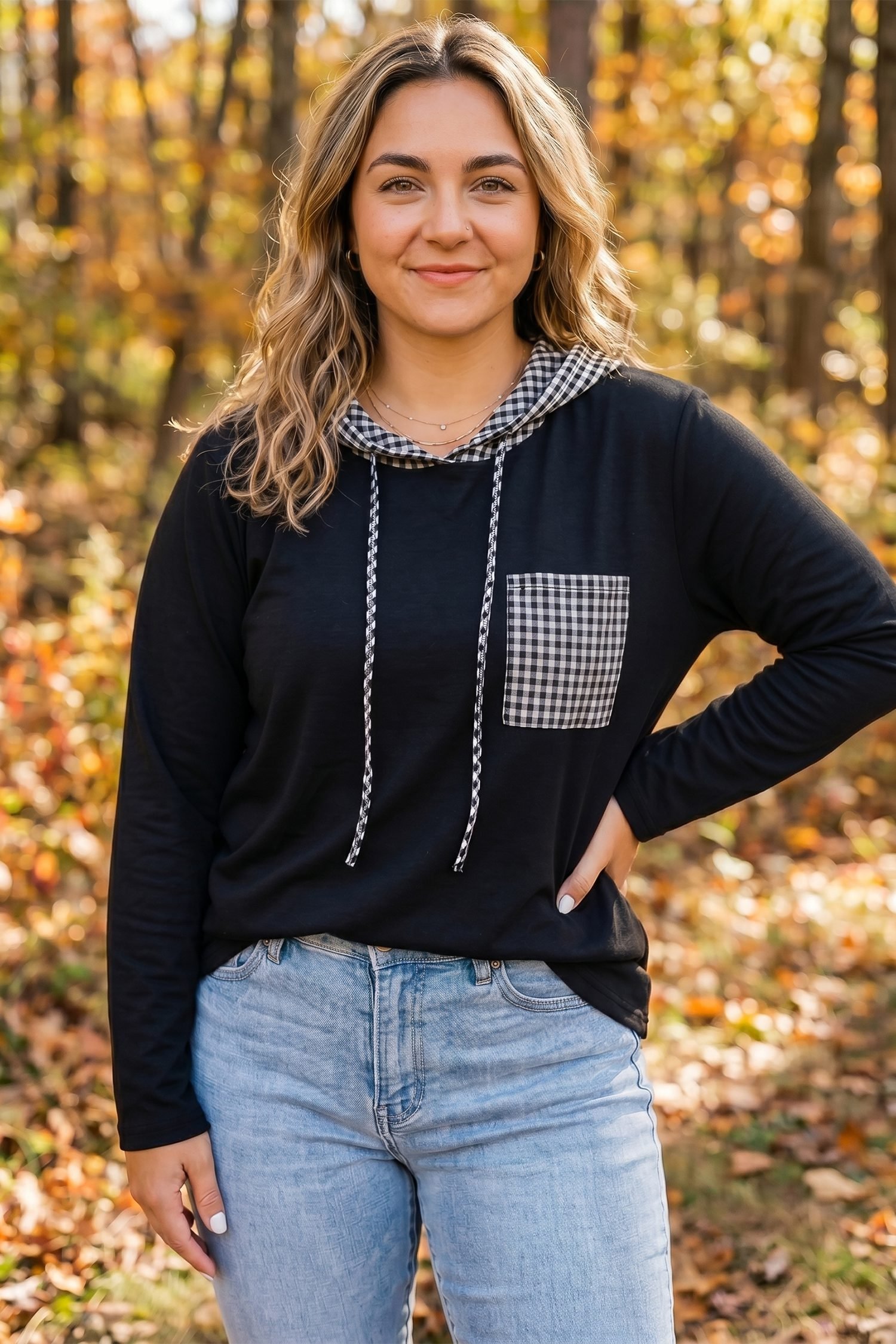 Black Hooded Gingham Paneling Chest Patch Pocket Long Sleeve Plus Size Blouse - Image 3