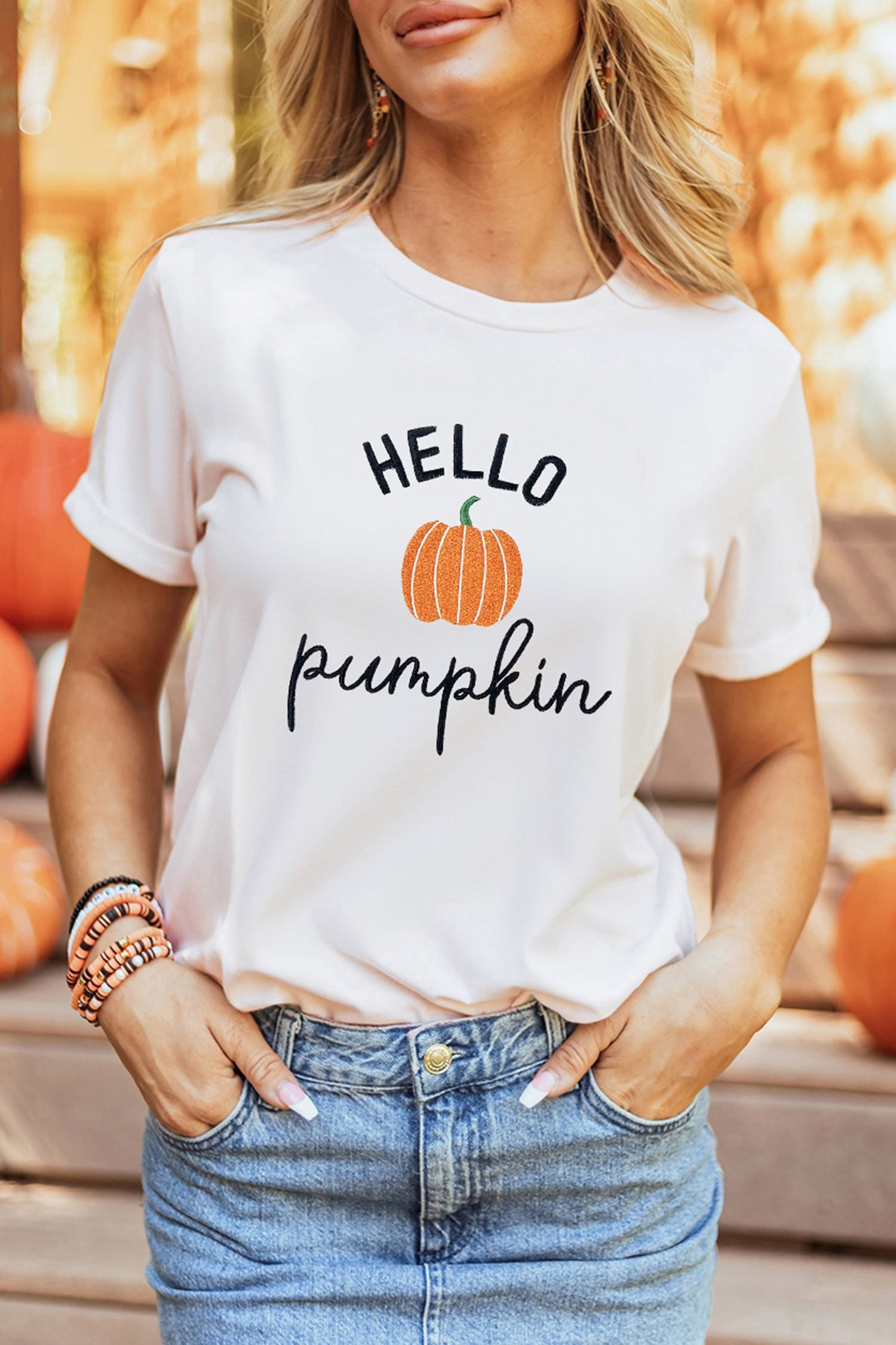 White Embroidered Pumpkin Slogan Short Sleeve T-Shirt - Image 5