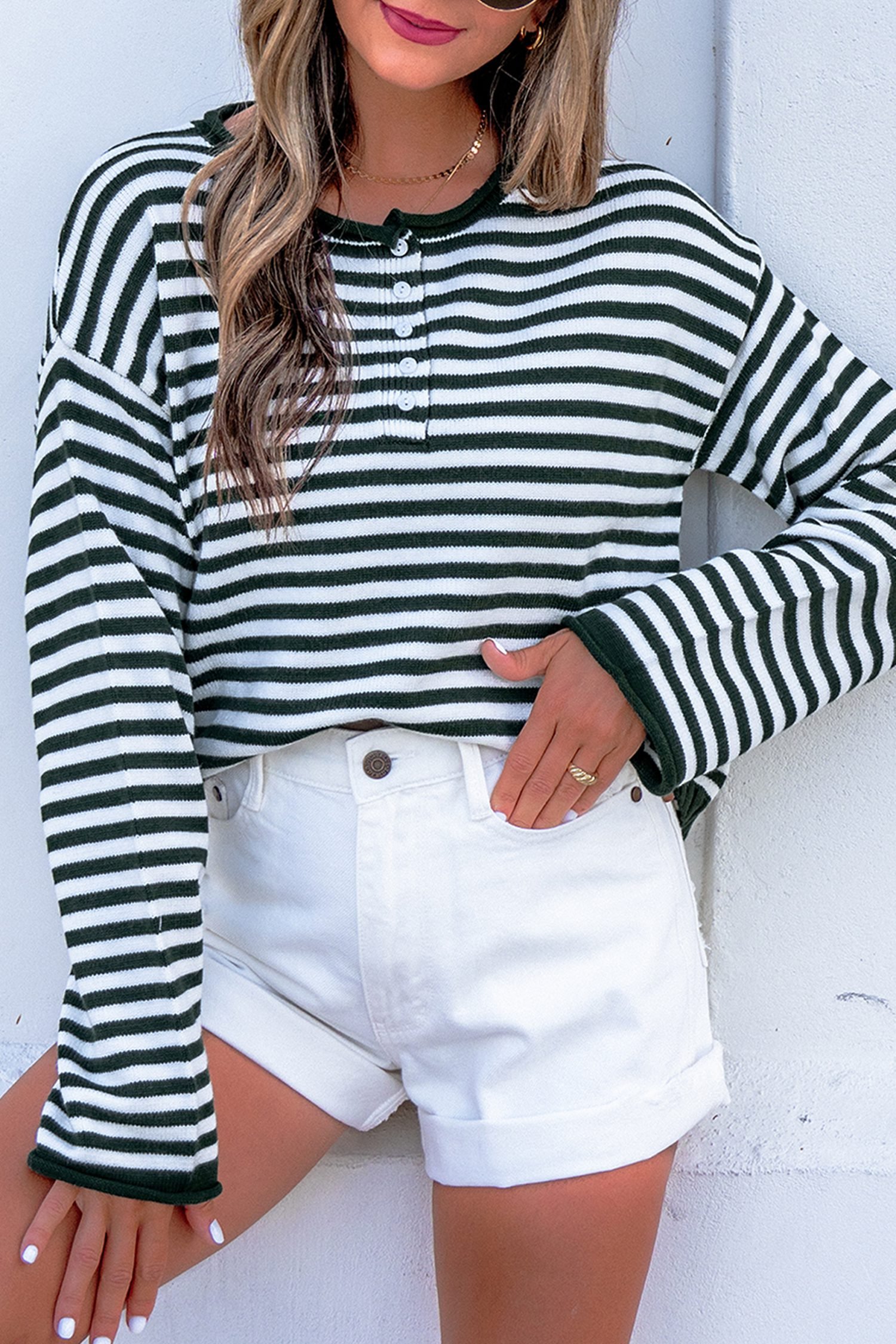 Green Stripe Striped Button Placket Drop Shoulder Long Sleeve Sweater - Image 7