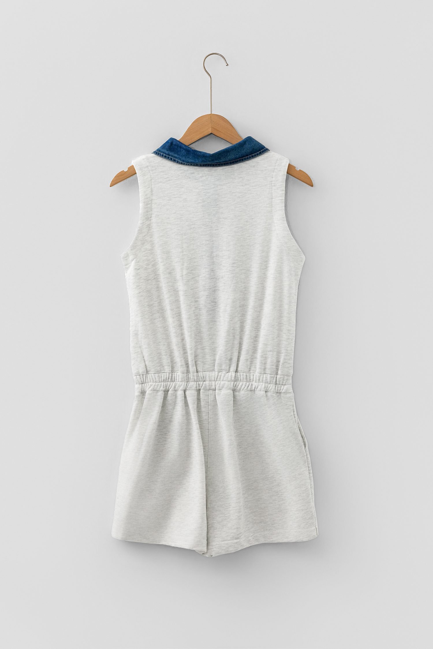 Light Grey Denim Patchwork Polo Collar Elastic Waist Sleeveless Romper - Image 5