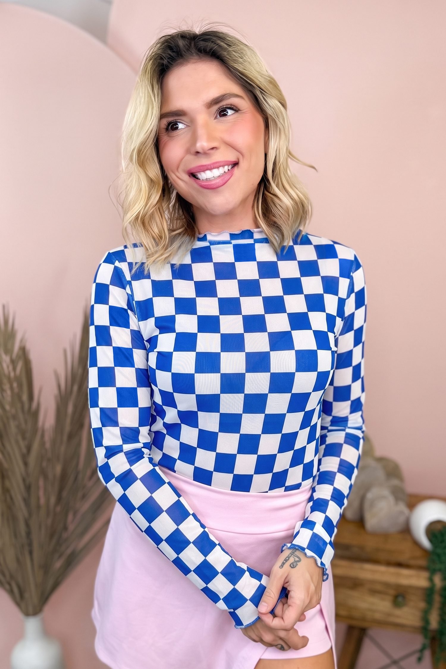 Dark Blue Plaid Mesh Sheer Long Sleeve Top - Image 3