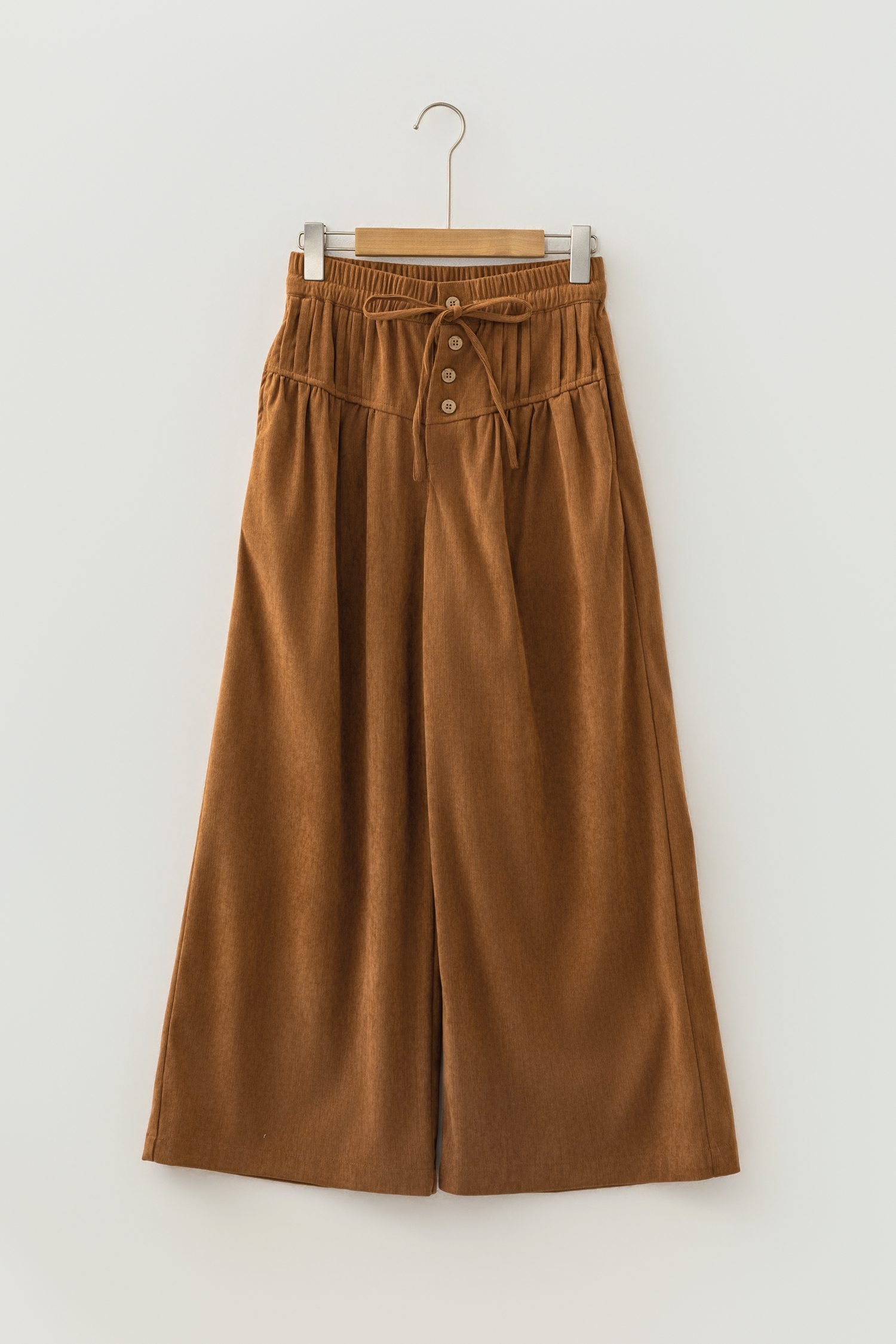 Thai Curry Elastic Waist Wooden Button Placket Ankle Length Wide Leg Pants - Image 6