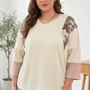Apricot Camouflage Panel Twist Rib Sleeve Round Neck Loose Fit Plus Size Blouse