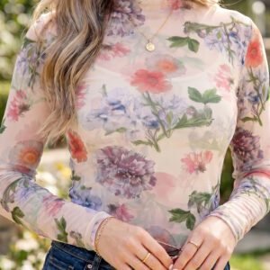 Apricot Floral Mesh Thumbhole Long Sleeve Slim Top