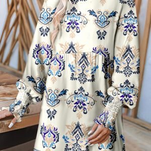 Apricot Floral Print Long Sleeve Round Neck Vacation Shift Dress