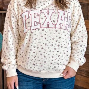 Apricot Floral Print Texas Long Sleeve Ribbed Neck Tunic Plus Size Sweatshirt