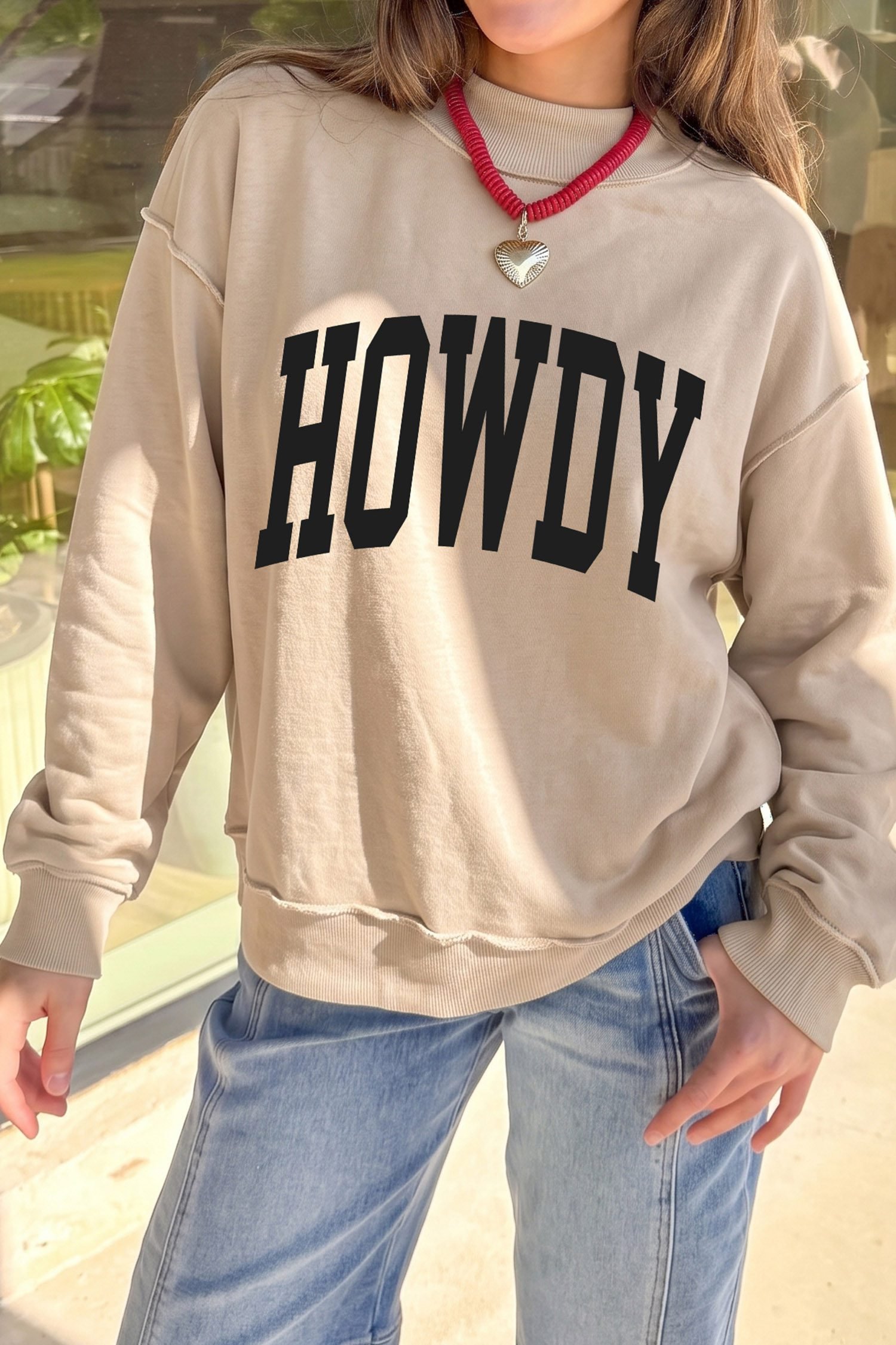 Apricot HOWDY/ YEEHAW Double Side Printed Mock Neck Western Reversible Sweatshirt