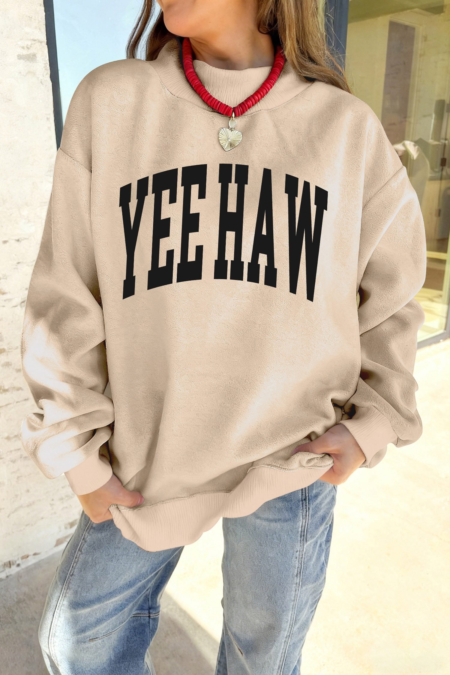 Apricot HOWDY/ YEEHAW Double Side Printed Mock Neck Western Reversible Sweatshirt