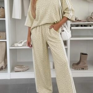 Apricot Leopard Print Varsity Striped Detail 3/4 Sleeve Top Shift Pant Set