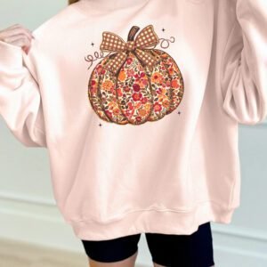 Apricot Pink Floral Pumpkin Graphic Mock Neck Oversized Sweatshirt