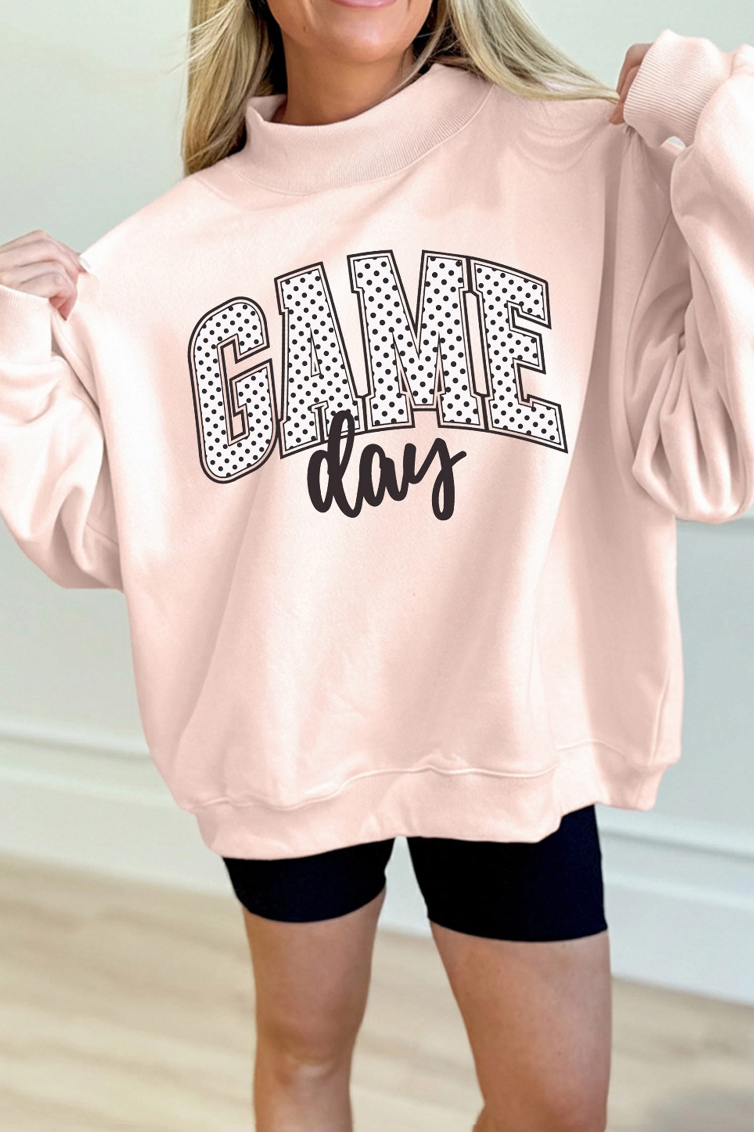 Apricot Pink Game Day Polka Dot Slogan Graphic Mock Neck Baggy Sweatshirt