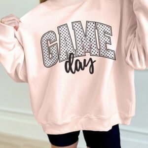 Apricot Pink Game Day Polka Dot Slogan Graphic Mock Neck Baggy Sweatshirt