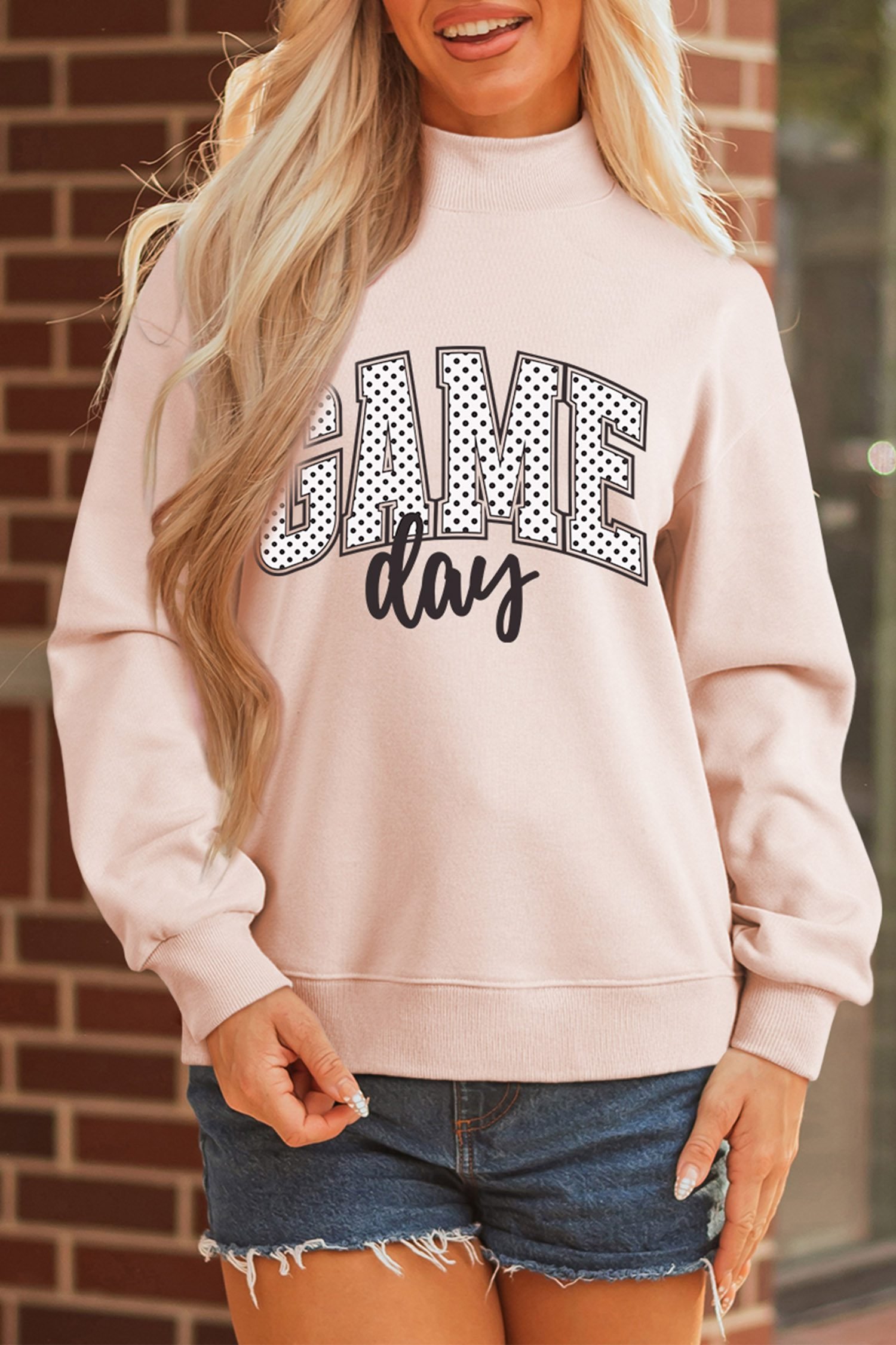 Apricot Pink Game Day Polka Dot Slogan Graphic Mock Neck Baggy Sweatshirt