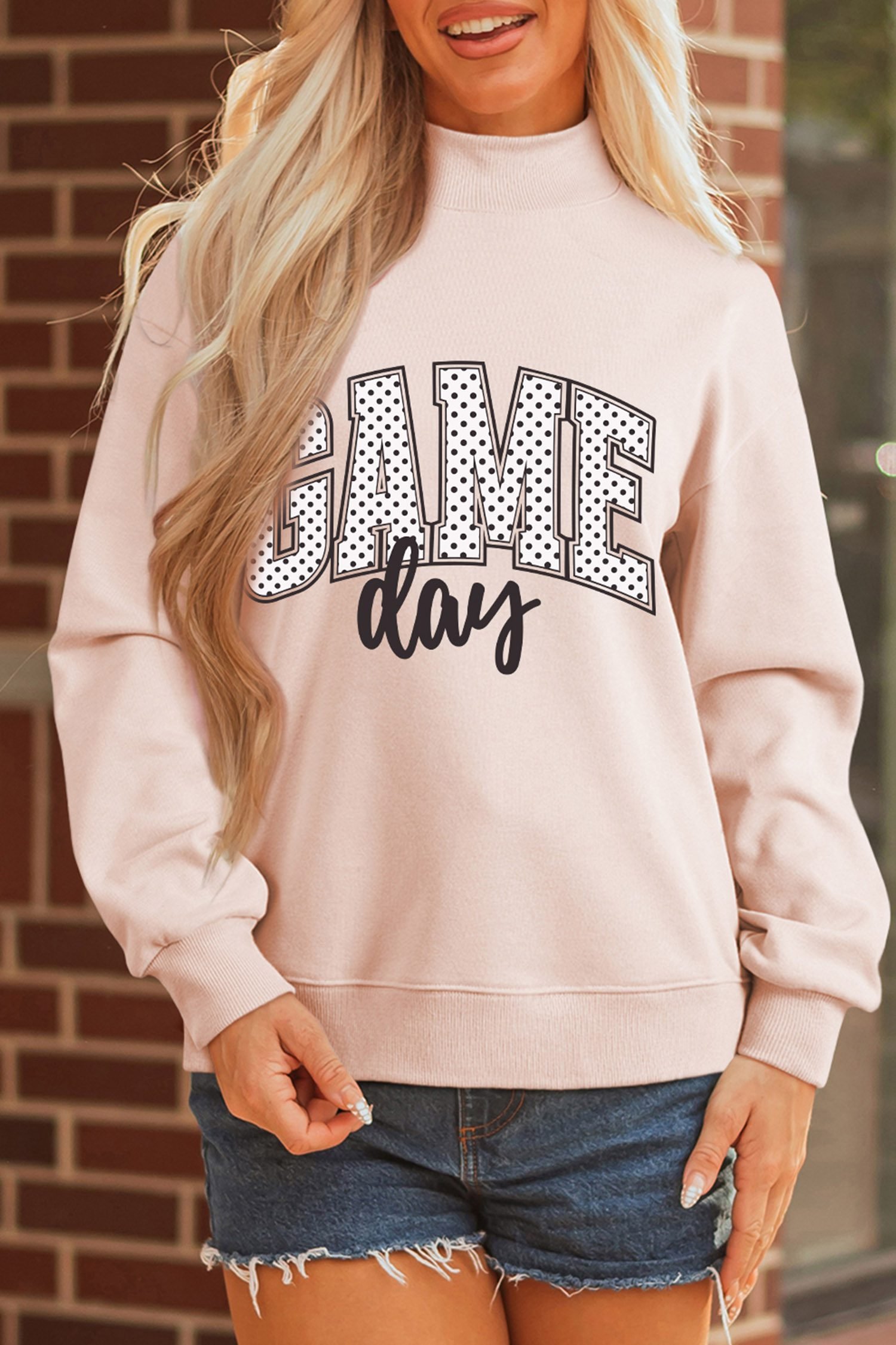 Apricot Pink Game Day Polka Dot Slogan Graphic Mock Neck Baggy Sweatshirt