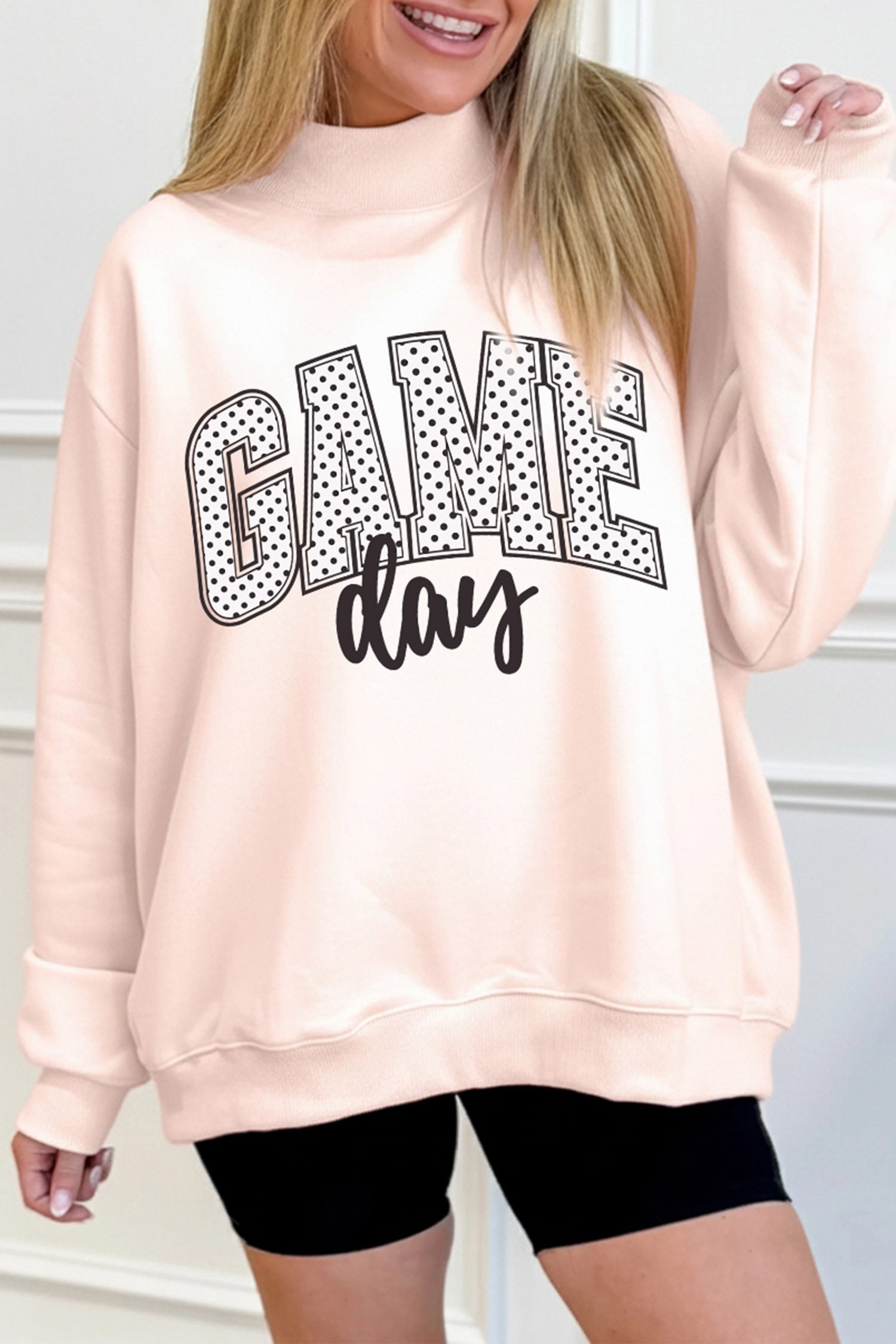 Apricot Pink Game Day Polka Dot Slogan Graphic Mock Neck Baggy Sweatshirt