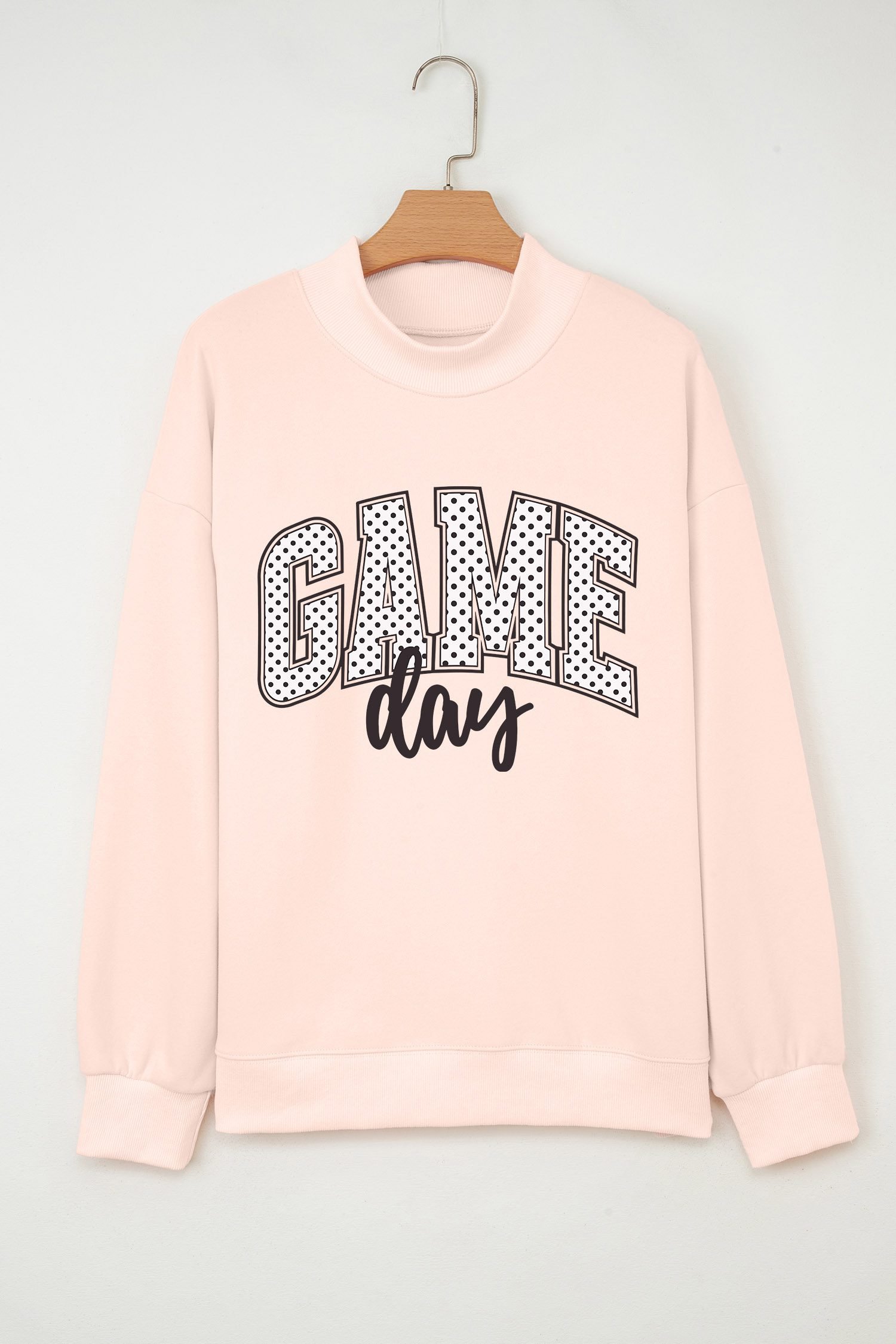 Apricot Pink Game Day Polka Dot Slogan Graphic Mock Neck Baggy Sweatshirt