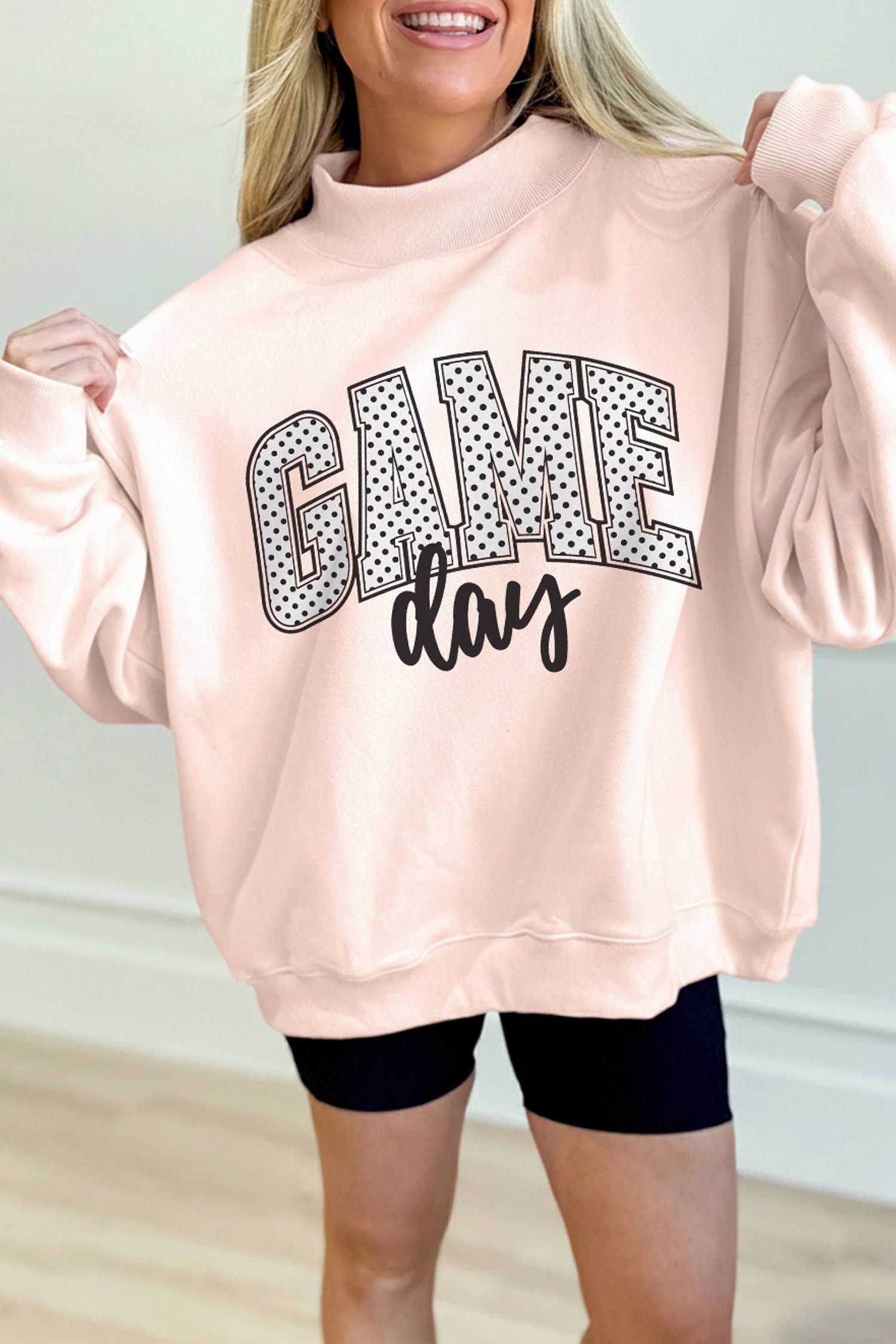 Apricot Pink Game Day Polka Dot Slogan Graphic Mock Neck Baggy Sweatshirt
